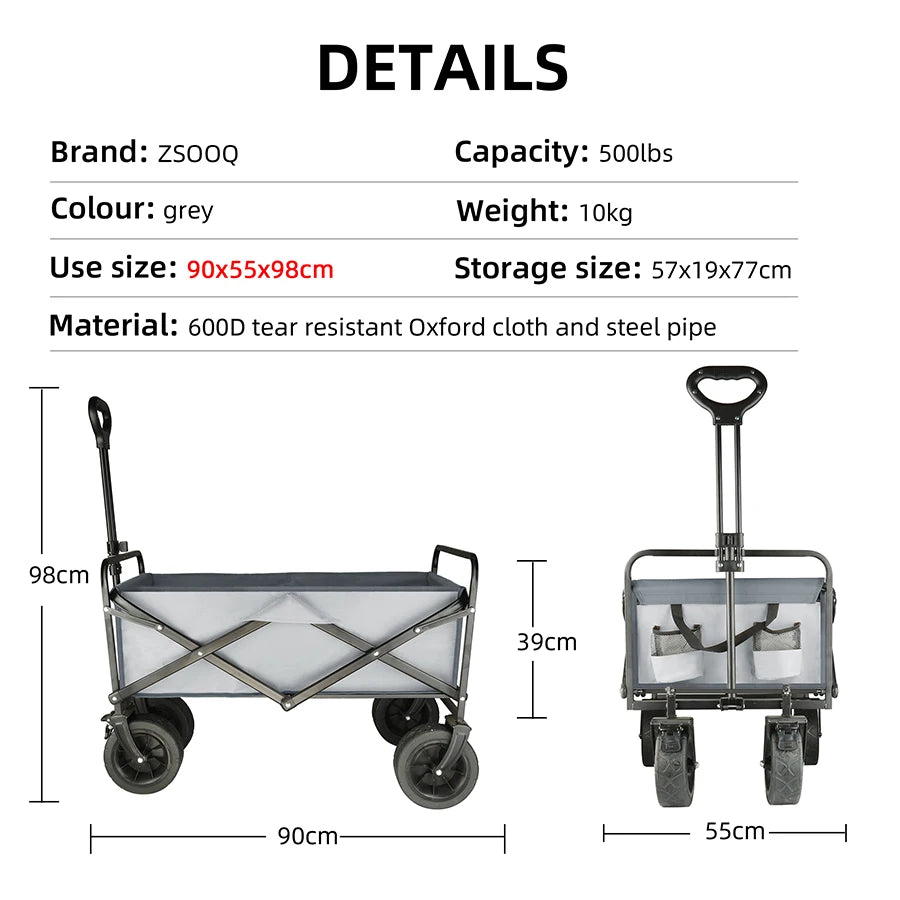 Trolley wagon JV Large Weight Capacity Heavy Duty Cart Collapsible Folding Beach Wagon with Big All-Terrain Wheels Outdoor Camping Equipment