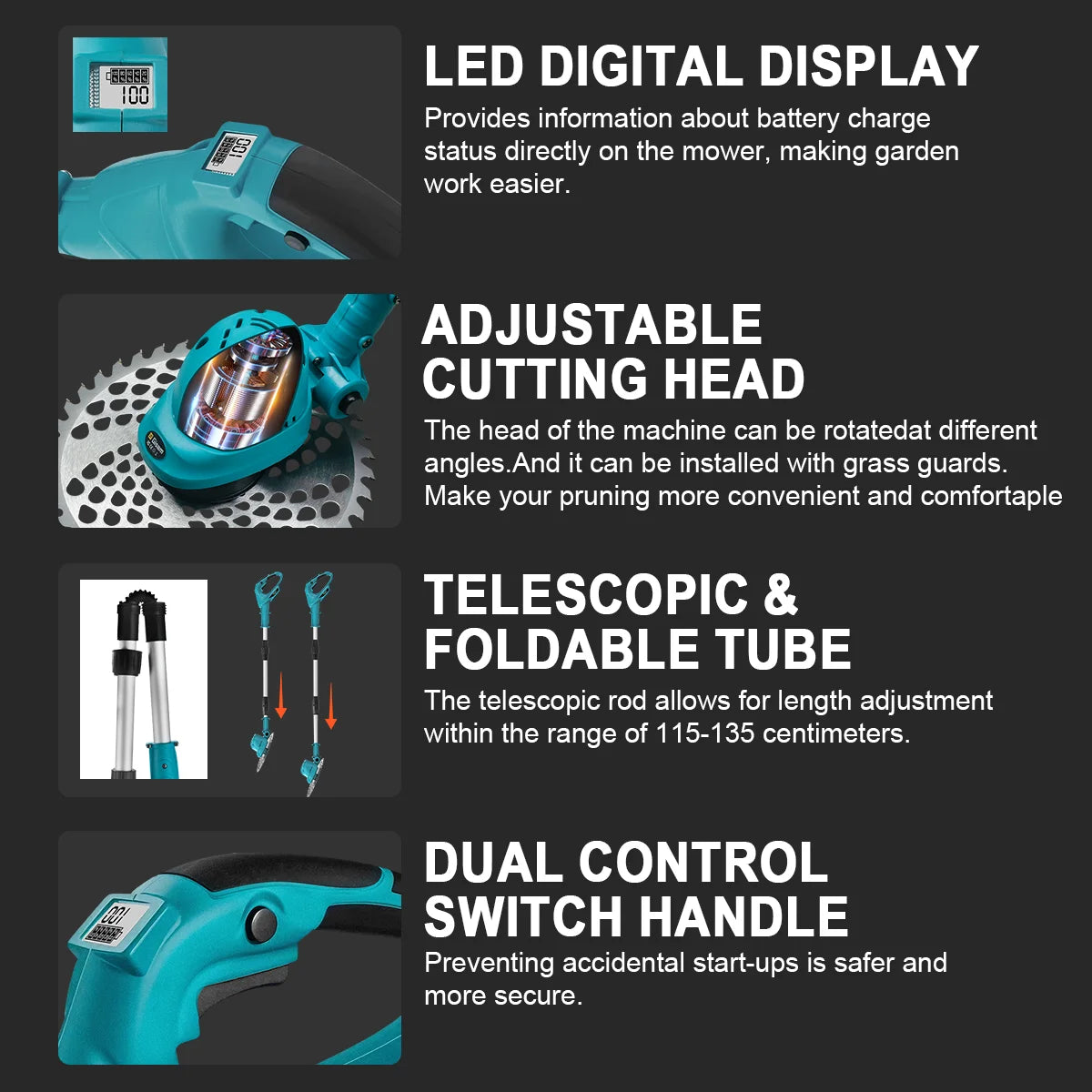 Makita Compatible 18V Gisam 10Inch Brushless Electric Lawn Mower 36000RPM Grass Trimmer Length Adjustable Garden Power Tool For Makita 18V Battery Pin
