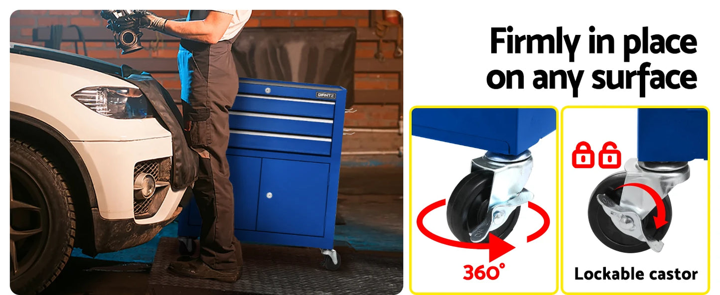 3 Drawers Large Tool Chest Trolley, Lockable Tool Box Tools Storage Box Cabinet Cart Garage Ute Organiser Boxes, 100kg Capacity