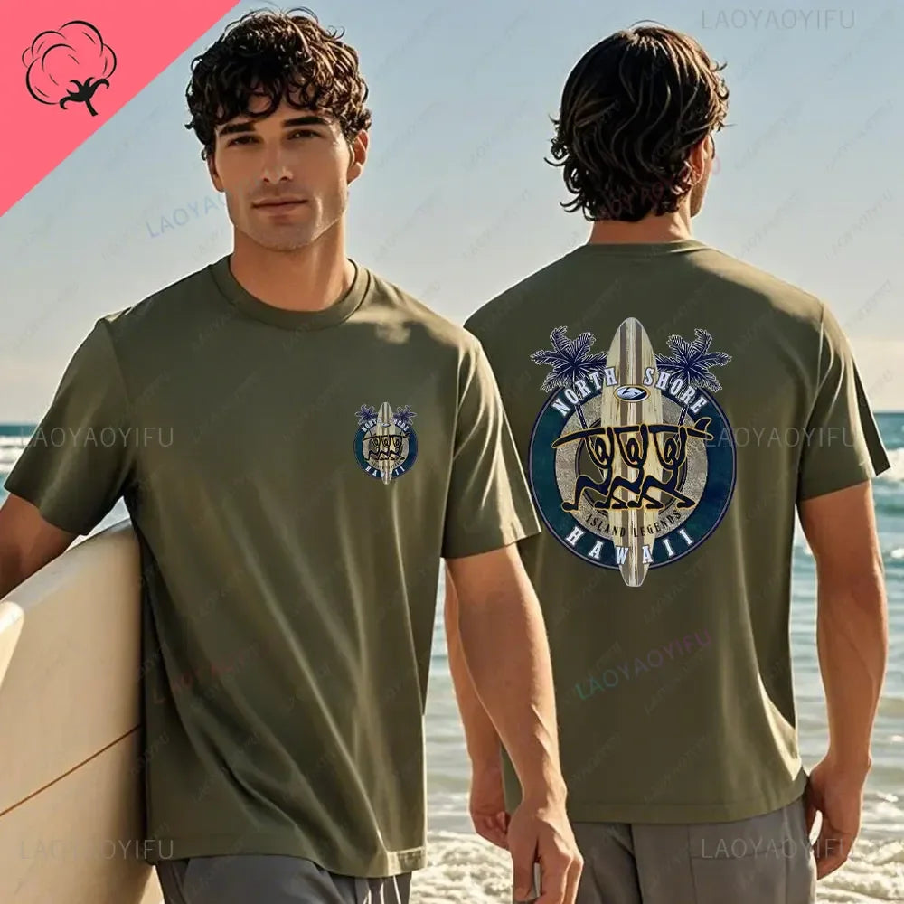 Hawaiian Traditions North Shore JV Printed Hawaii Surfing Men Women White High Qulaty Cotton T-shirt Comfortable Beach-style Surf Tee Tops