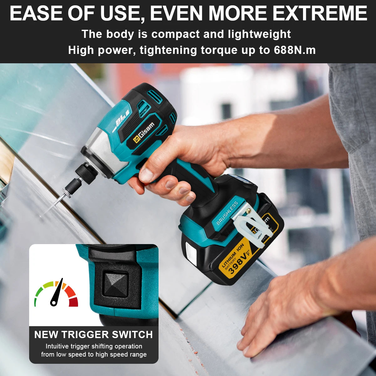 Makita 18V compatible Gisam 688N.m 1/4'' Brushless Electric Screwdriver Cordless Screwdriver Electric Drill Impact Driver Kit for Makita 18V Battery Pin