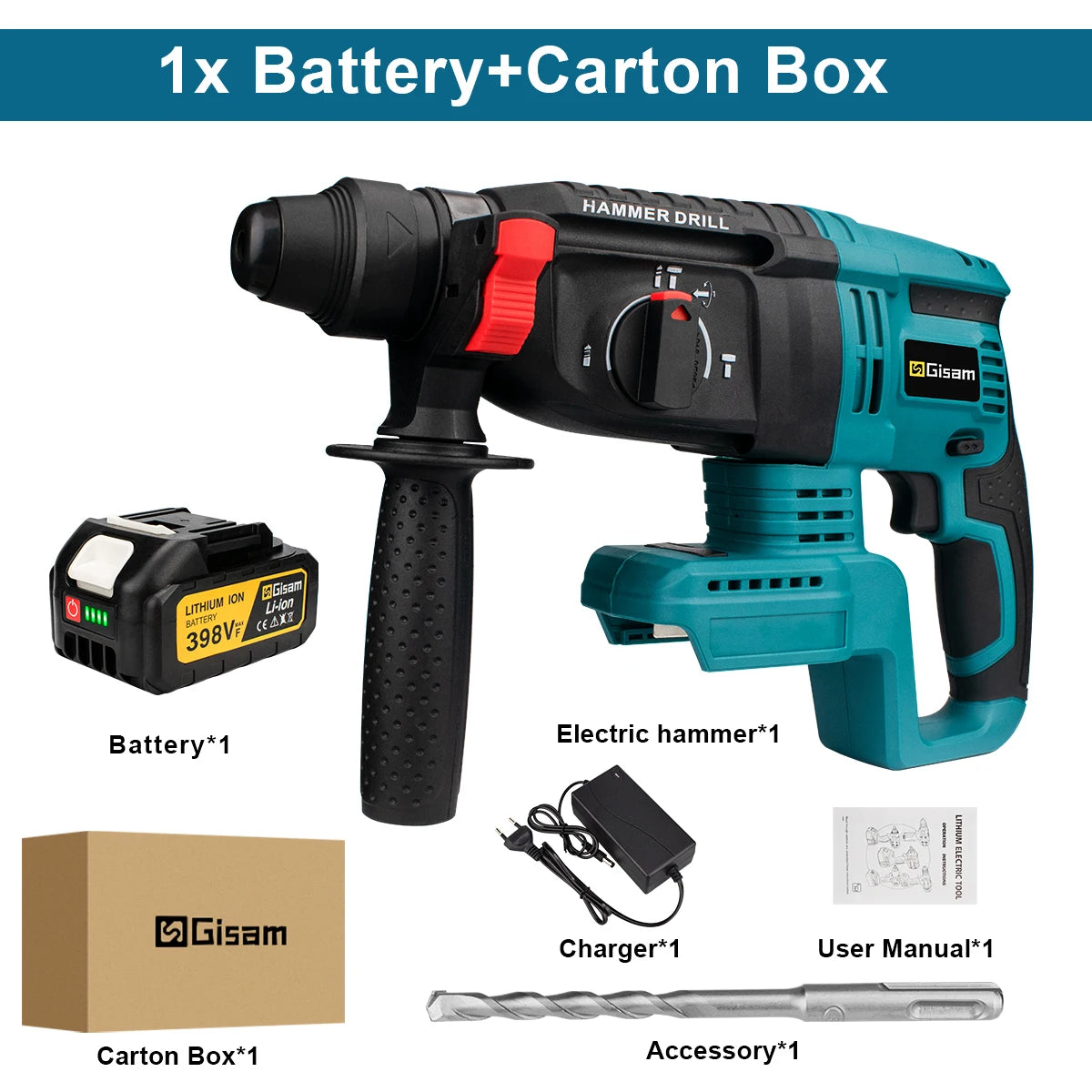 Makita Compatible 18V Gisam 26MM Brushless Electric Hammer Drill Multifunctional Cordless Rotary Hammer Impact Drill Tool For Makita 18V Battery Pin