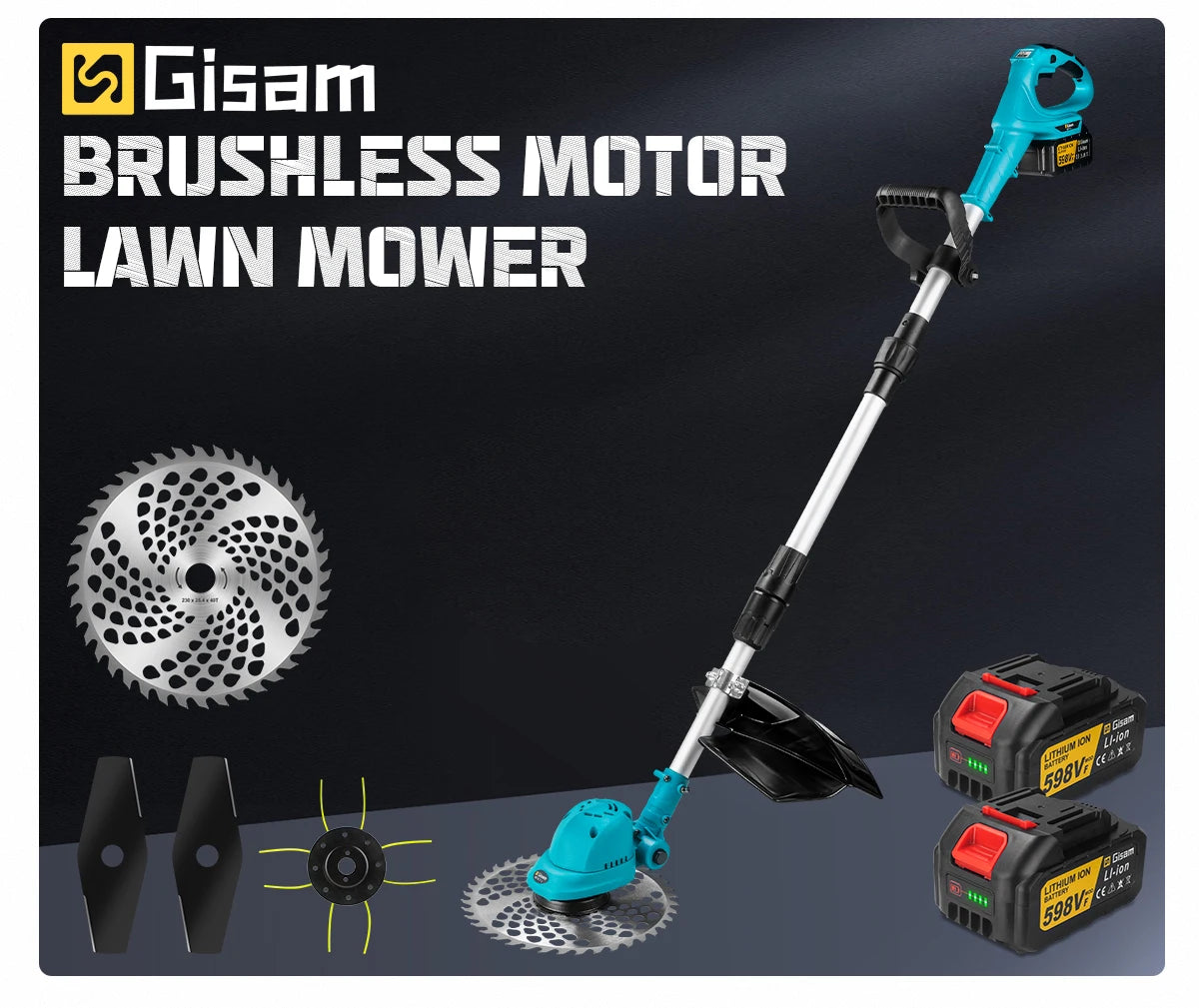 Makita Compatible 18V Gisam 10Inch Brushless Electric Lawn Mower 36000RPM Grass Trimmer Length Adjustable Garden Power Tool For Makita 18V Battery Pin