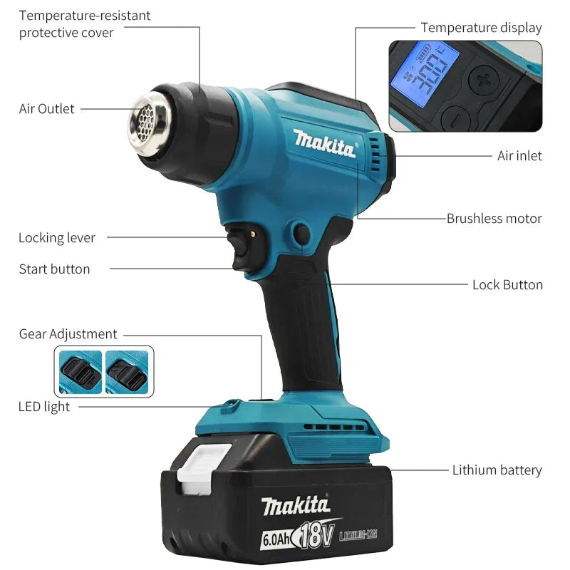 Makita 18V 550°C Temperature Control Heat Gun 18V Cordless Handheld Hot Air Gun With LED Display Soldering Thermal Blower New、