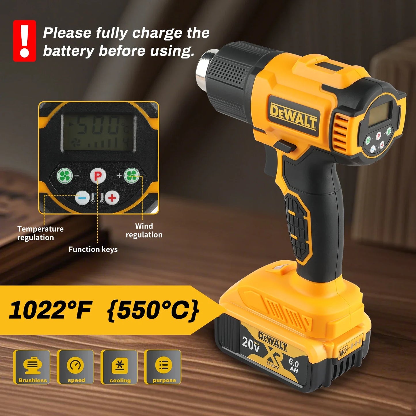 Dewalt 18V 20V MAX DCE530 Cordless Heat Gun with 6.0Ah battery, Charger and 5x attachments