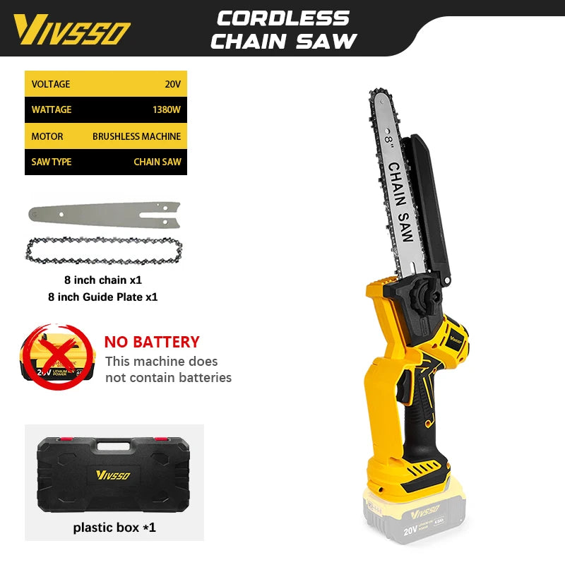DeWalt Compatible JV 18V 20V Max VIVSSO Electric Chain Saw Rechargeable Woodworking Saw 8 Inch Mini Chain Saw Garden Pruning Saw Tool For Dewalt 20v Battery Pins