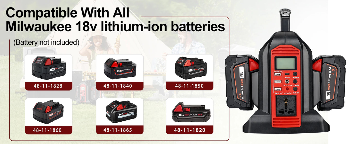 Milwaukee Compatible 18V JV 350W Power Supply Inverter For Milwaukee M18 18V Battery 4-Port to AC 110-120V/220-230V 300LM LED Light 4 USB Output for Outdoor