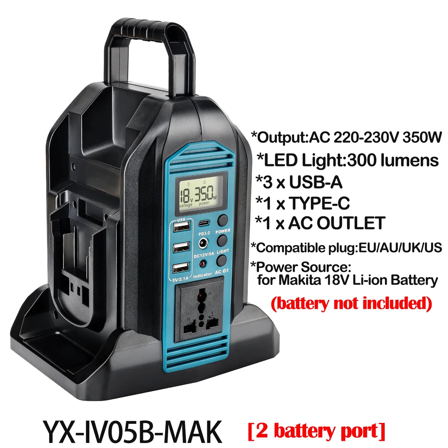 Makita Compatible 18V JV 350W Power Inverter for Makita 18V Battery DC 18V to AC 110-120V/220-230V Pure Sine Wave Battery Inverter for Camping Emergency