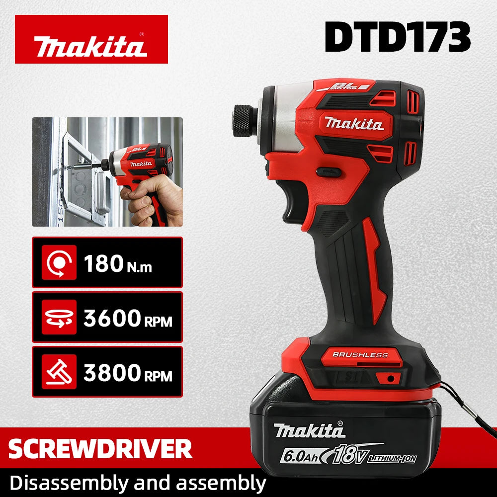 Makita 18V DTD173 Red Brushless Drill Power Tool for Home Improvement And DIY 180Nm Electric Wood/Bolt/T-Mode