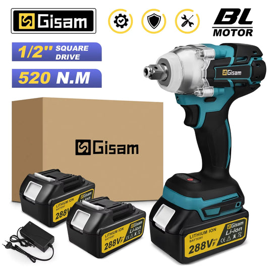 Makita 18V compatible Gisam 520N.M Brushless Electric Impact Wrench Cordless Electric Wrench 1/2inch for Makita 18V Battery Pin Screwdriver Power Tool