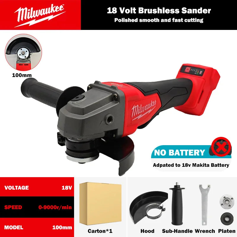 Milwaukee 18V 125mm and 100mm Brushless Angle Grinder Polishing Cutting Machine No-Lock Paddle Switch Electric Cordless Power Tools