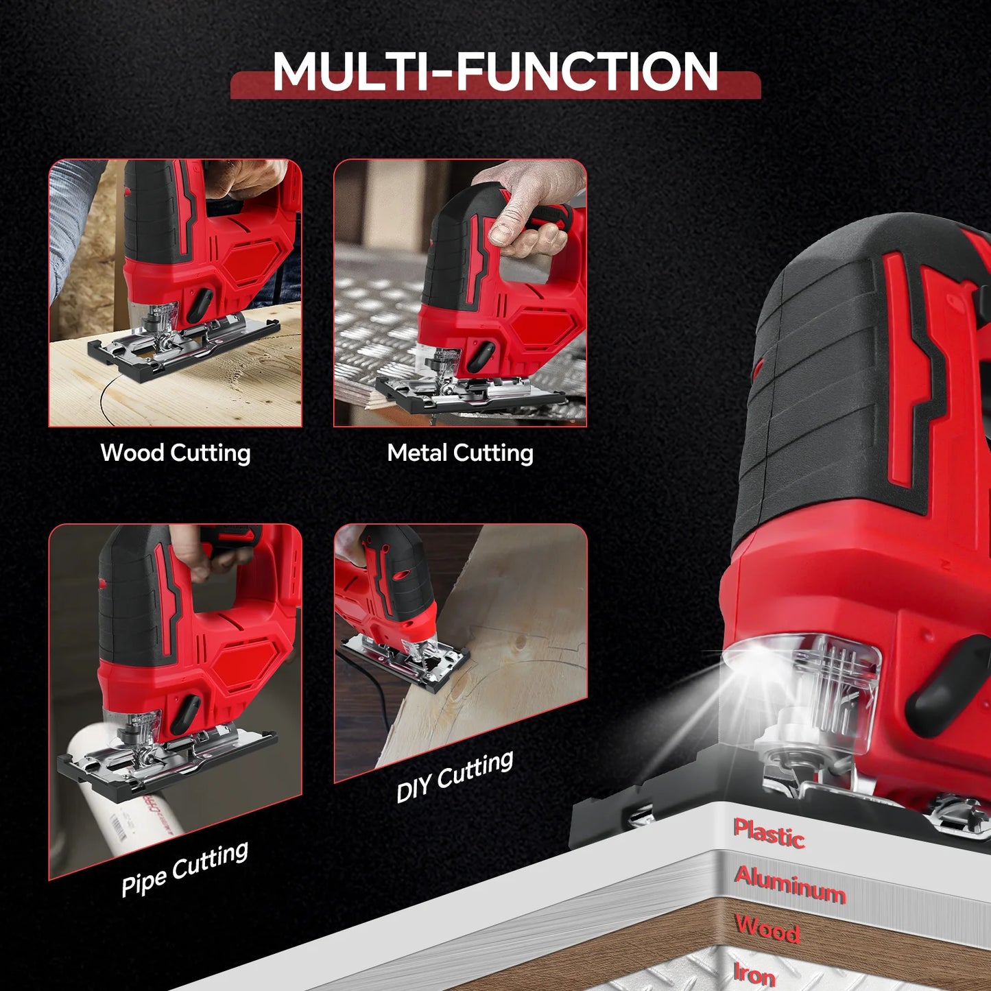Milwaukee compatible 18V Jig Saw 0°- 45° Bevel Cuts and 3 speed Settings with LED Work Light
