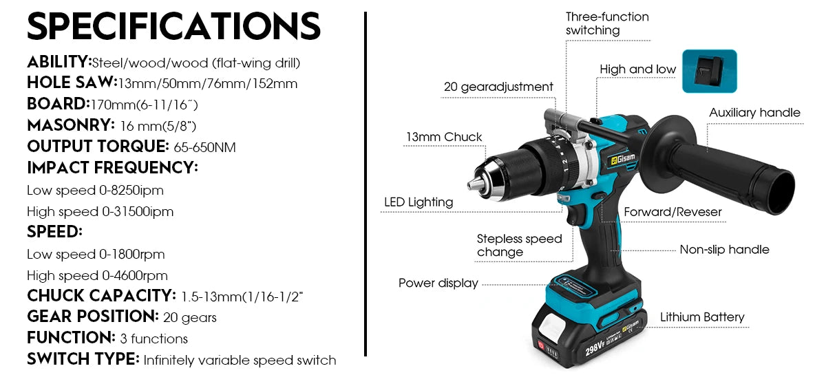 Makita Compatible 18V Gisam 650NM Brushless Electric Impact Drill 13MM Chuck Driver Cordless Electric Screwdriver Tool for Makita 18V Battery Pins
