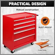 Tool Chest 5-Drawer Tool Cart, Lockable Storage Trolley Workshop Rolling Cabinet Tool Box Chest Organiser, 3" Swivel Wheels with Brake (Red