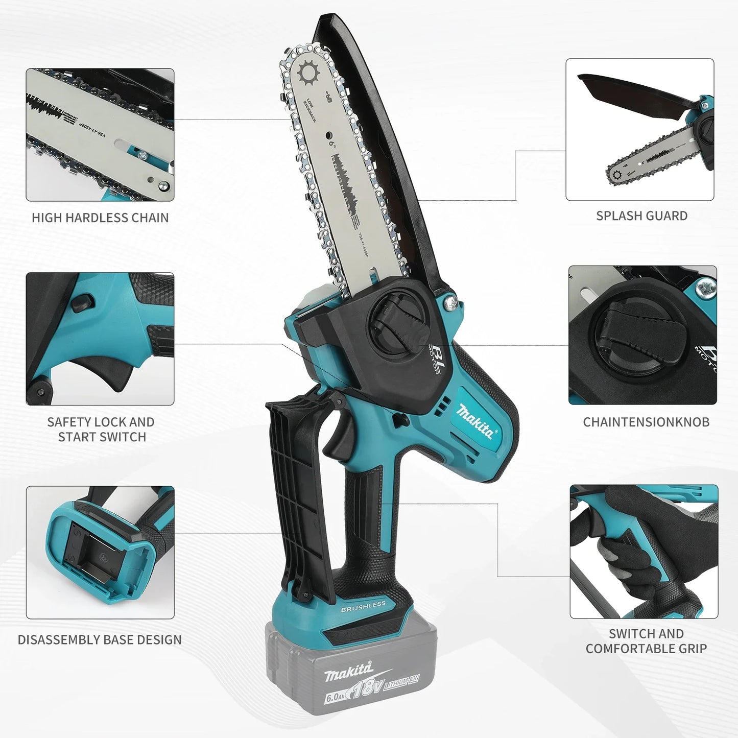 Makita 18V 8" Mini Chainsaw Makita 18V 8 Inch Chain Saw Electric Saw Handheld Portable Wood Logging Chainsaw Garden Pruning Wood Power Tool for 18V Battery