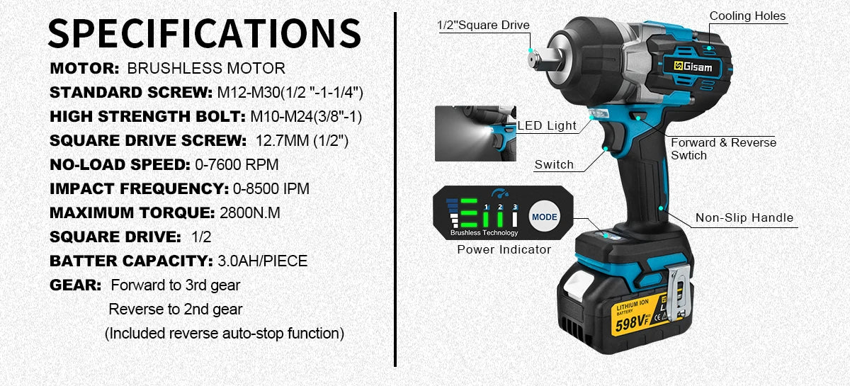 Makita compatible 18V JV Gisam 2800N.M Brushless Electric Wrench 1/2 Inch Cordless Impact Wrench Electirc Screwdriver Drill For Makita 18V Battery Pin