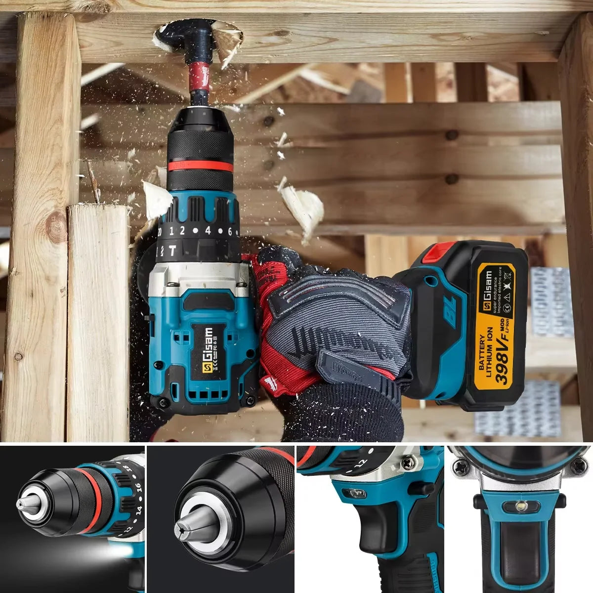 Makita Compatible 18V Gisam 13mm 480N.M Brushless Electric Impact Drill Cordless Drill Electric Screwdriver DIY Driver Power Tool for Makita 18V Battery Pin