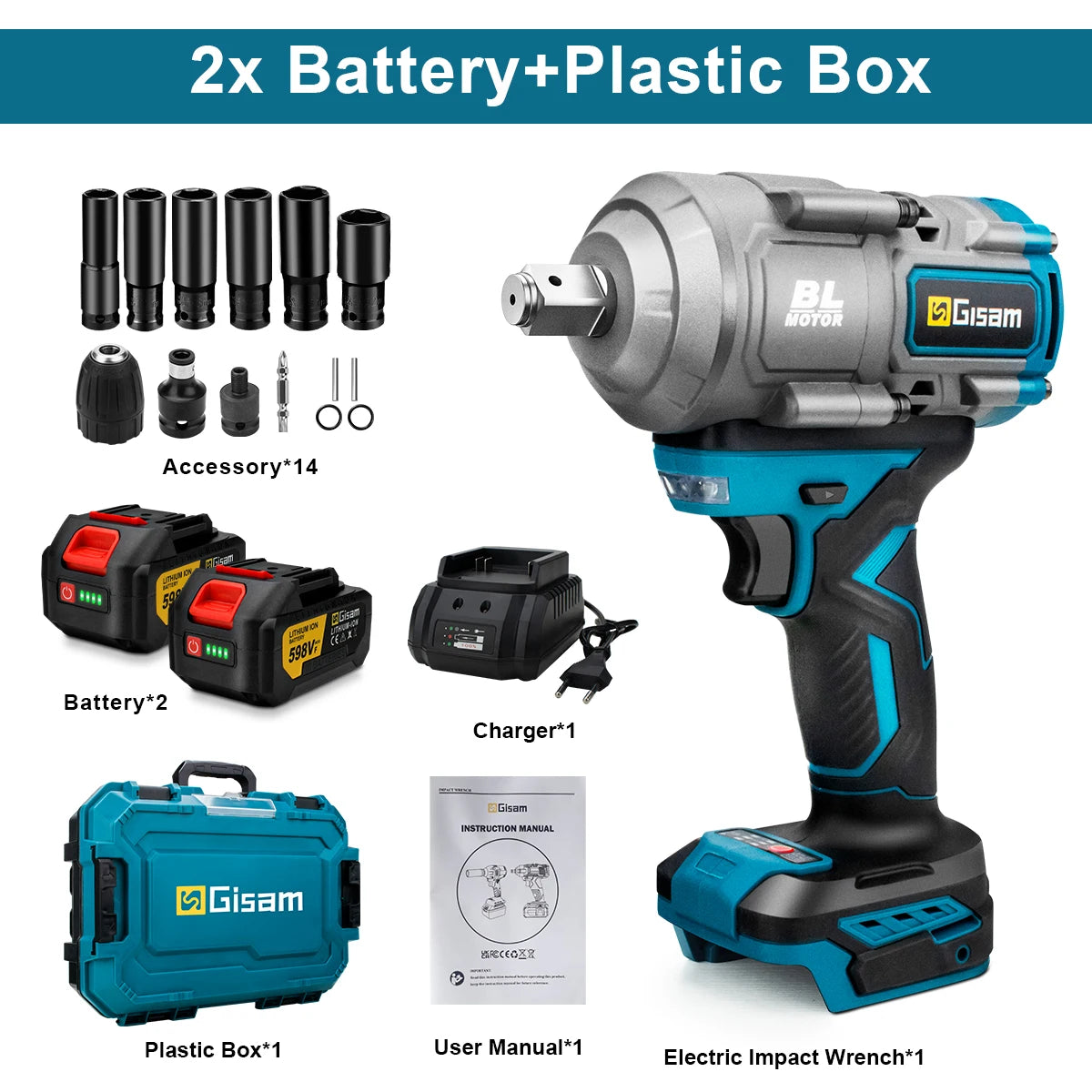 Makita 18V Compatible Gisam 2000N.M Torque Brushless Electric Impact Wrench 1/2 inch Screwdriver Cordless Wrench Power Tool For Makita 18V Battery Pin