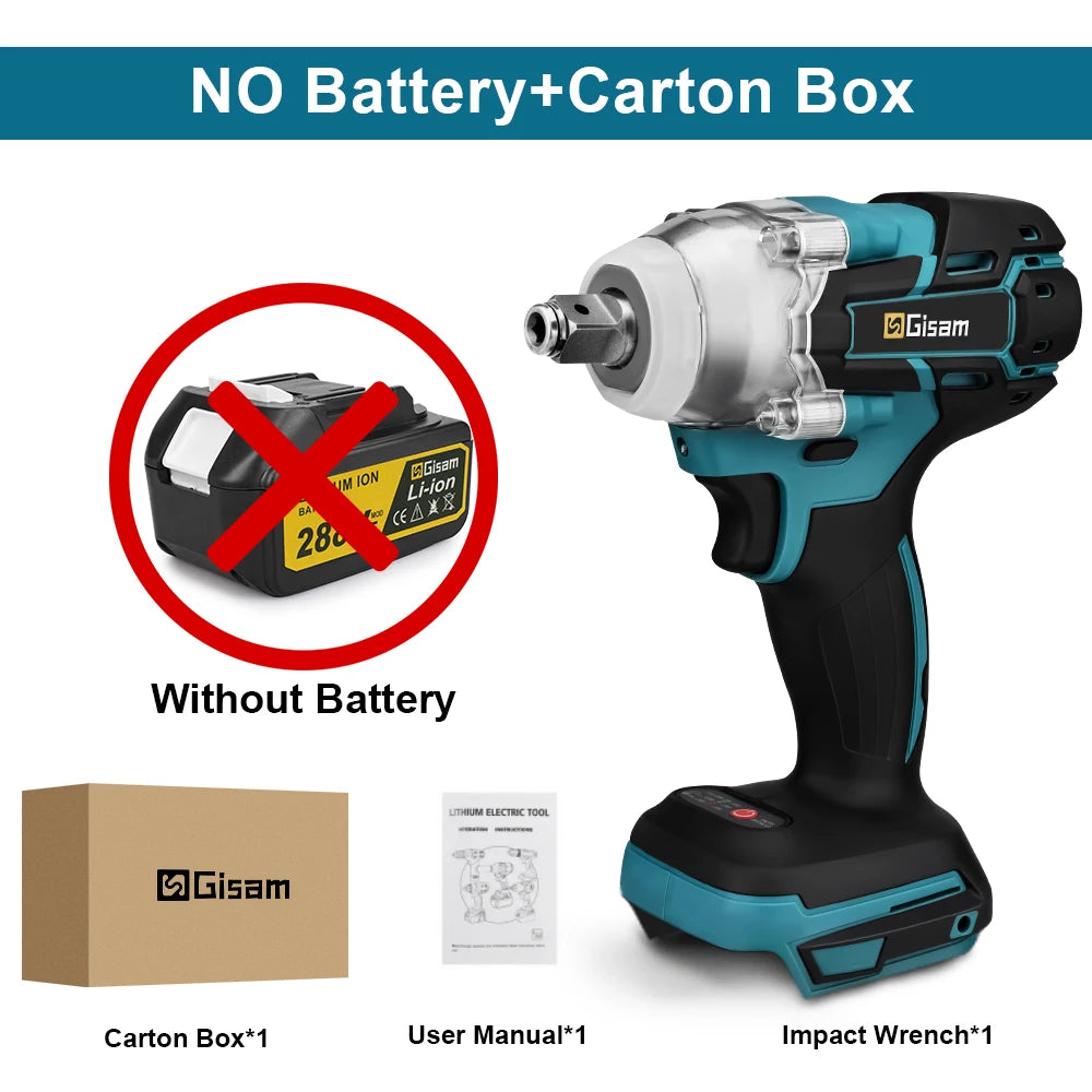 Makita 18V compatible Gisam 520N.M Brushless Electric Impact Wrench Cordless Electric Wrench 1/2inch for Makita 18V Battery Pin Screwdriver Power Tool
