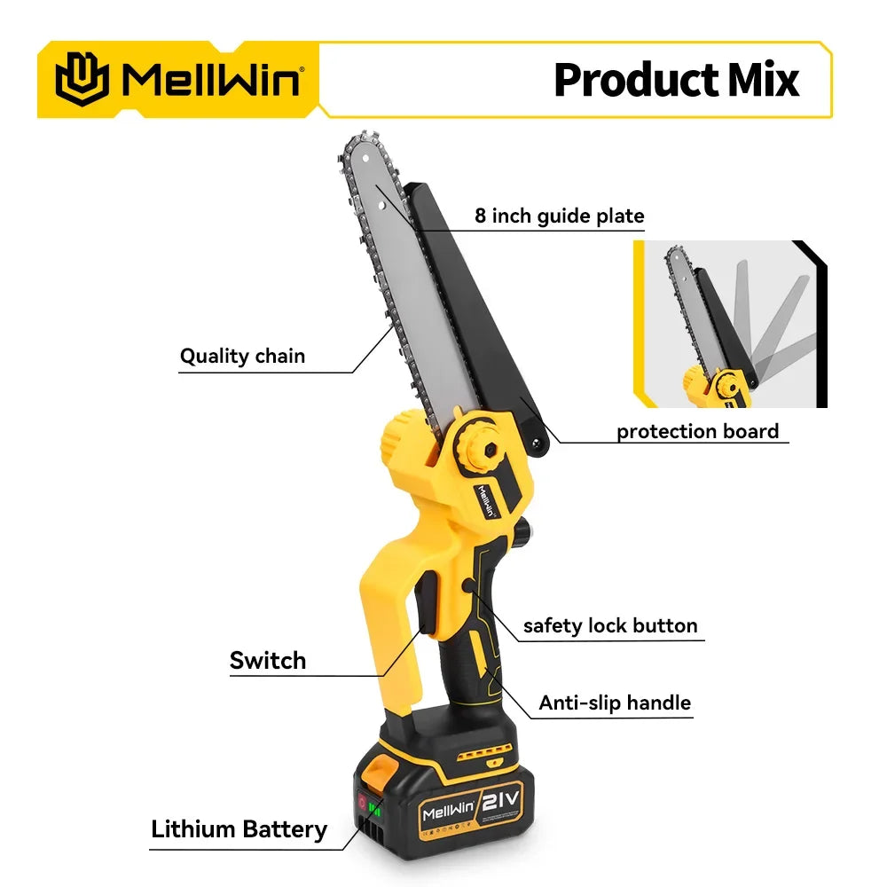 Makita Compatible 18V MELLWIN 4500W 8 inch Brushless Electric Pruning Saw Cordless Rechargeable Woodworking Saw Power Tool For Makita 18V Battery Pin