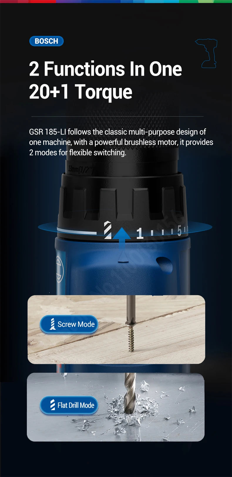 BOSCH GSR 185-LI Cordless Drill Driver Screwdriver For Metal Wood Wall 18V Professional Brushless Motor Power Tool GSR185-LI