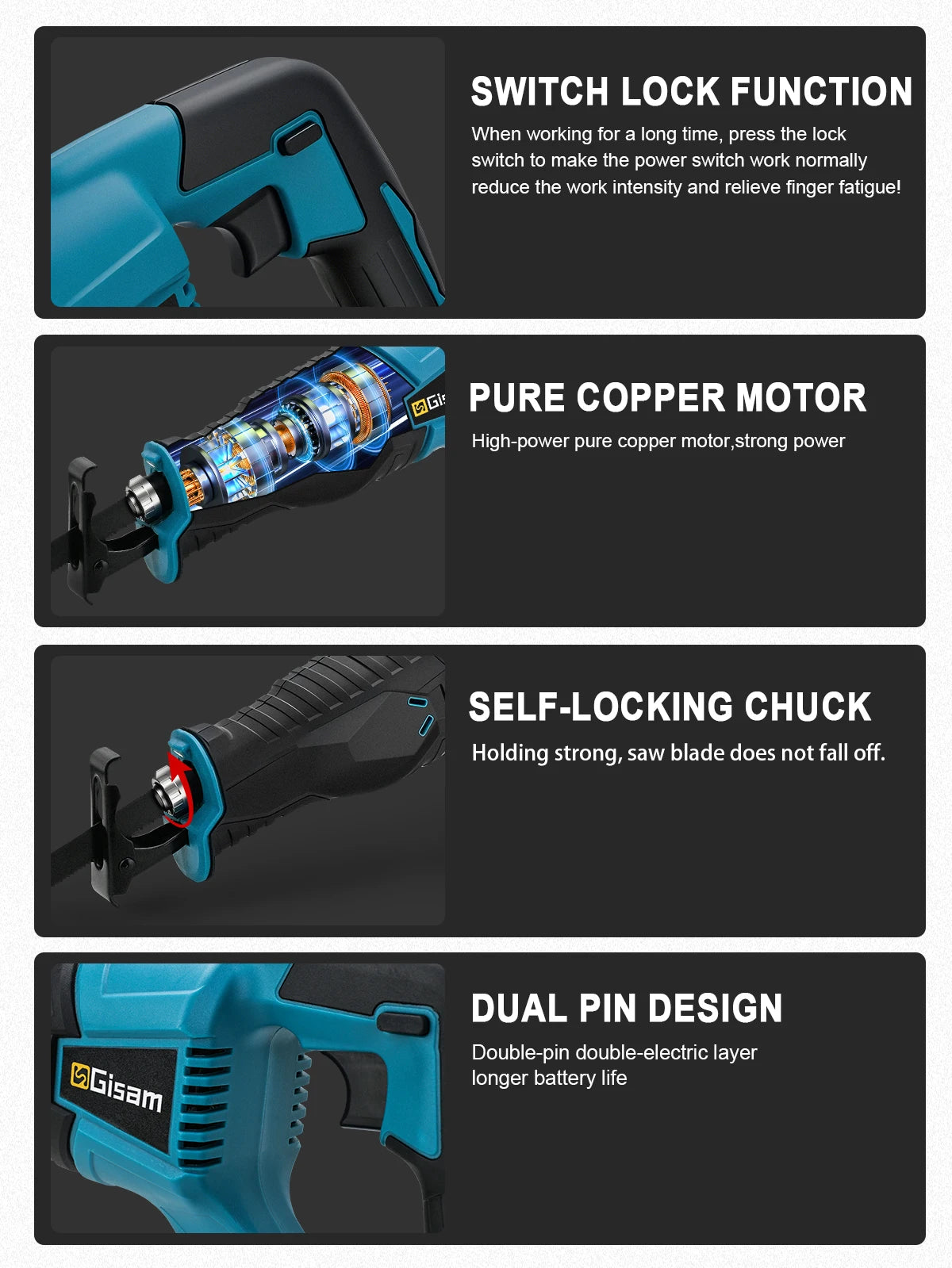 Makita Compatible 18V Gisam 3000W 10000SPM Electric Reciprocating Saw Electric Chainsaw Saber Saw Portable Cordless Tool For makita 18v battery pin