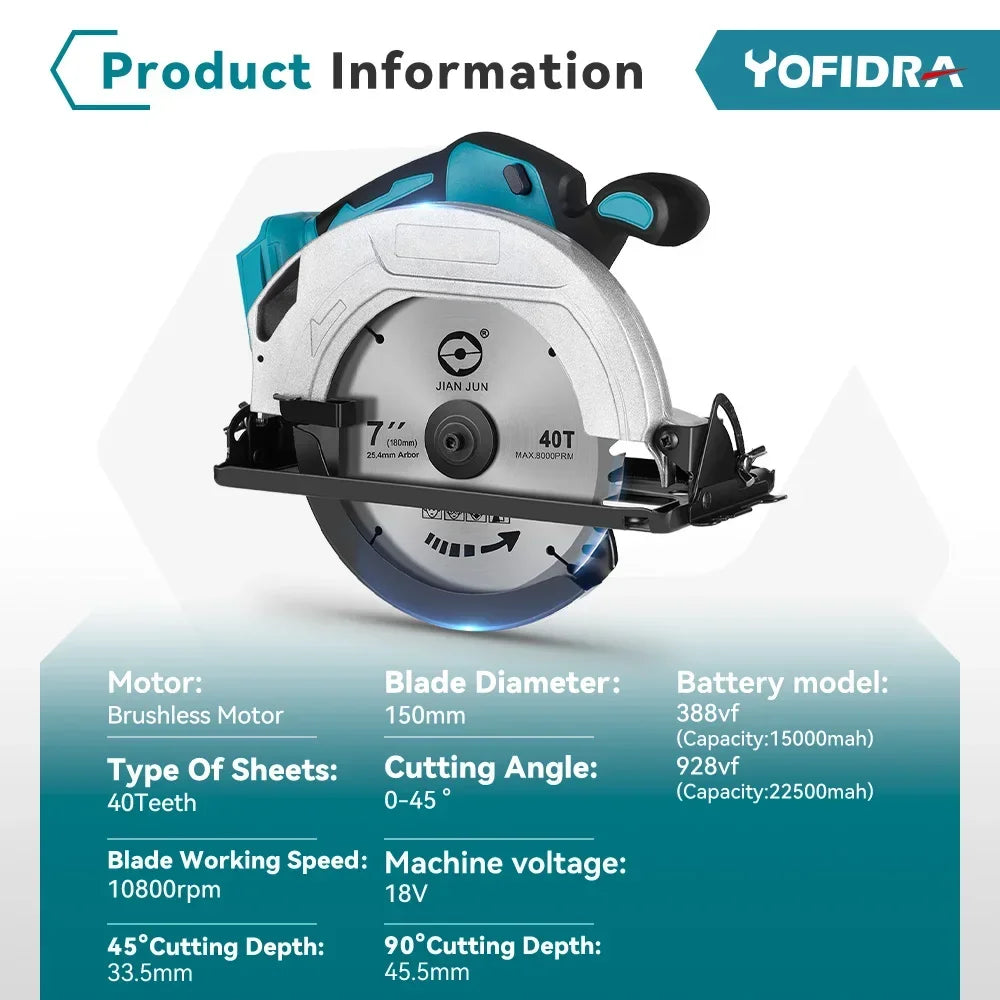 Makita Compatible 18V JV 7 Inch 180mm Brushless Circular Saw 10800Rpm 3 Saw Blade Efficient  Woodworking Cutting Power Tool For Makita 18V Battery Pin
