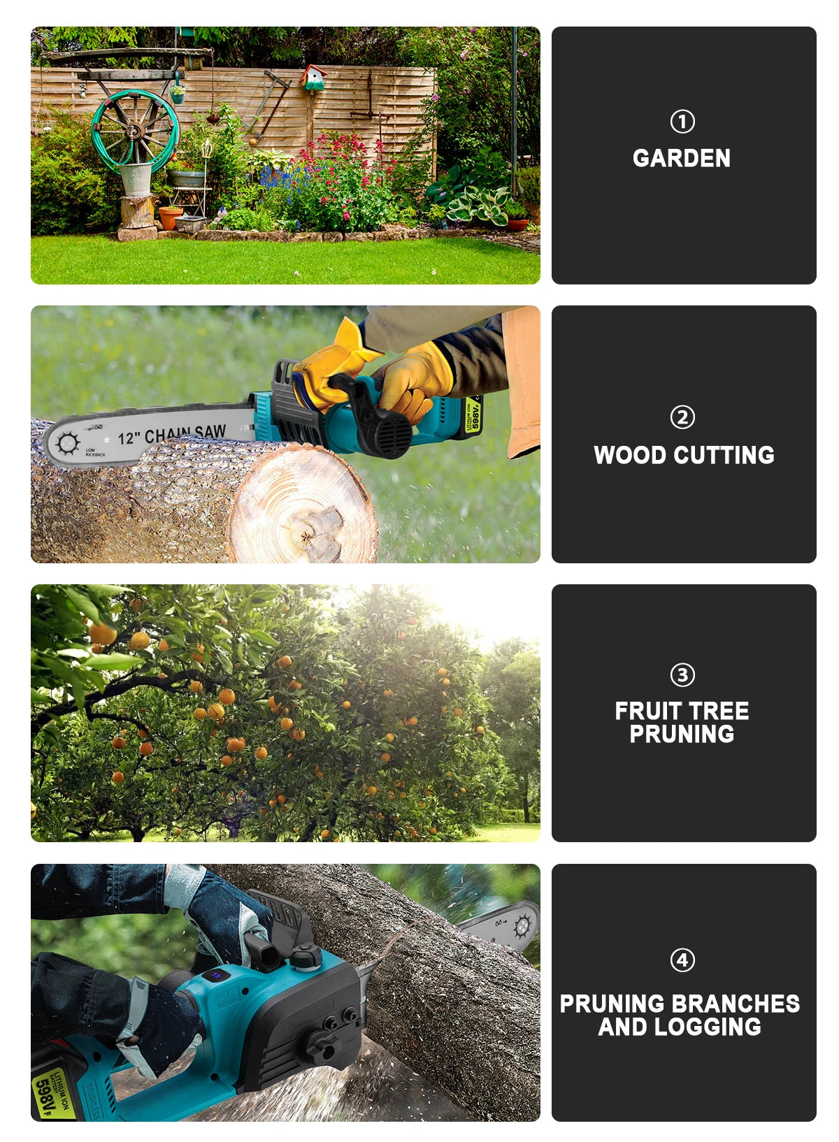 Makita Compatible 18V Gisam 12 Inch Brushless Electric Chain Saw With Oiler Cordless Handheld Chainsaw Graden Pruning Saw Power Tools for Makita 18V Battery