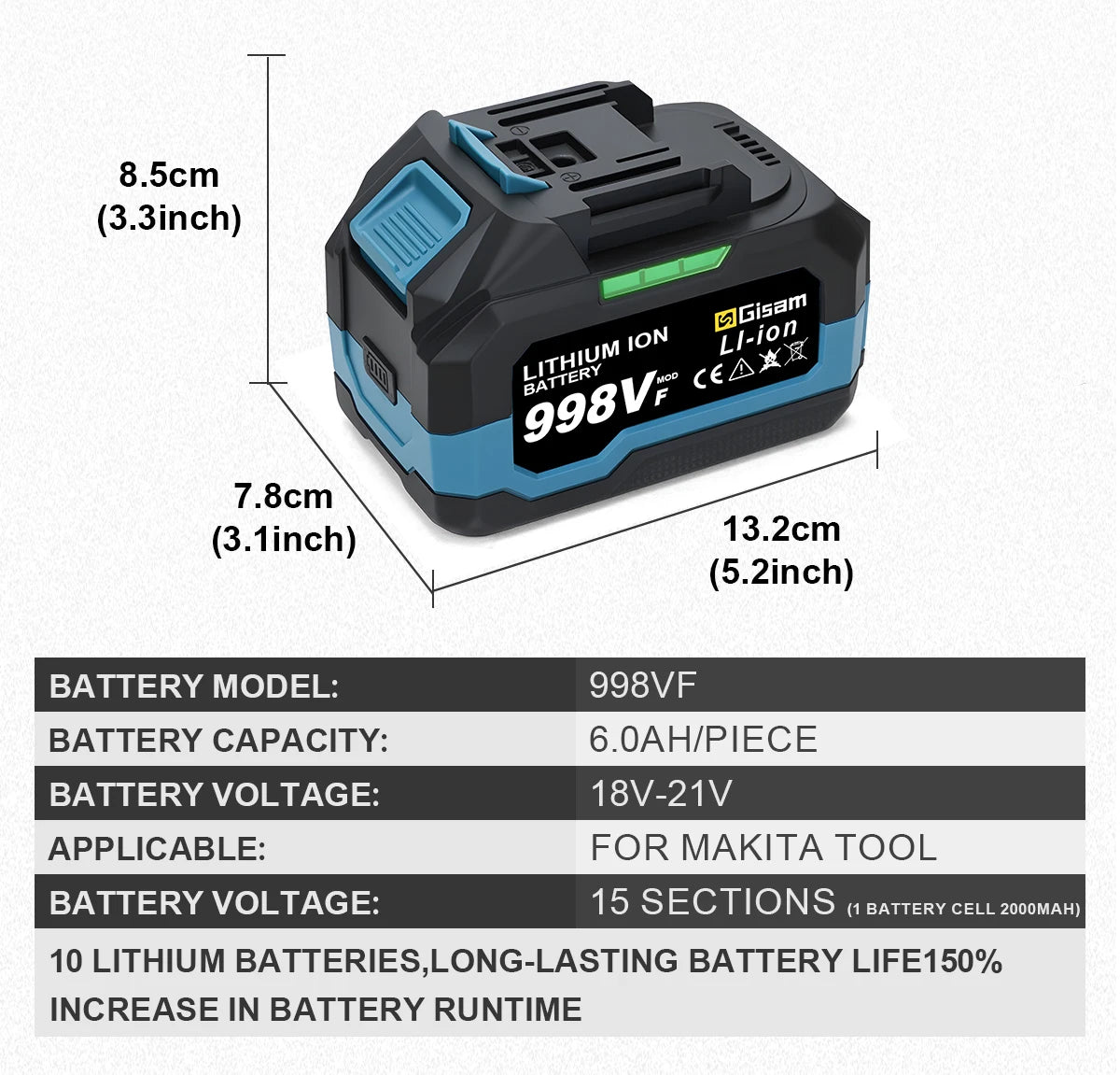 Makita Compatible 18V Gisam Rechargeable Battery 4.0AH 6.0AH Power Tool Lithium battery Led indicator batteries Pack For Makita 18v Battery Pins