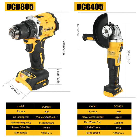 DEWALT 18V 20v Power Tool Bundle - DCD805 hammer drill and DCG405 125mm Grinder (Tools only with bag)