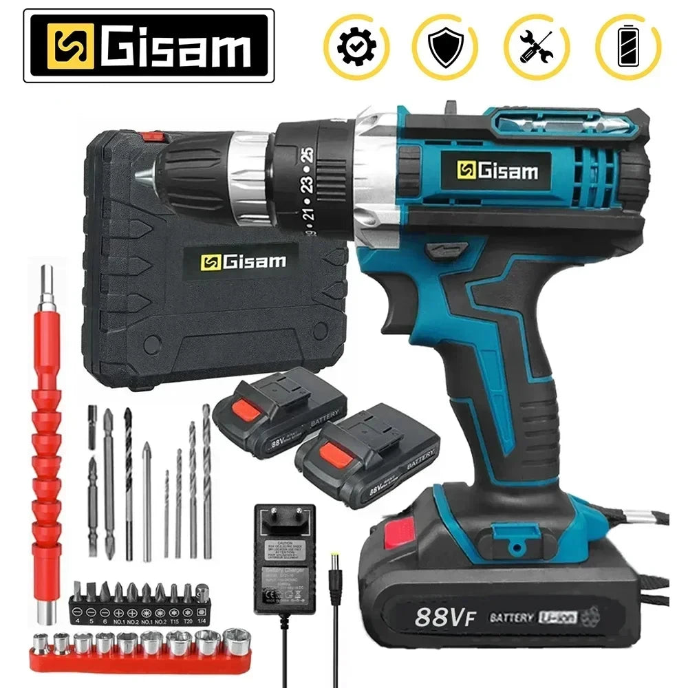 Makita Compatible 18V JV Gisam Cordless Impact Drill set with 2x batteries and charger Electric Screwdriver Rechargeable Handheld Hammer Drill Power Tool 25+3 Torque Driver Li-ion Battery