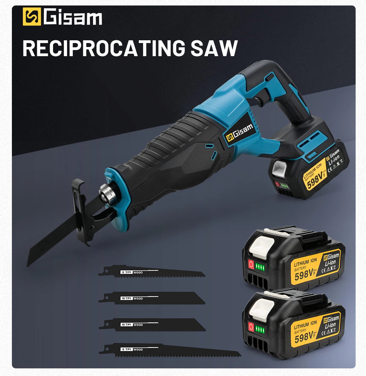 Makita Compatible 18V Gisam 3000W 10000SPM Electric Reciprocating Saw Electric Chainsaw Saber Saw Portable Cordless Tool For makita 18v battery pin
