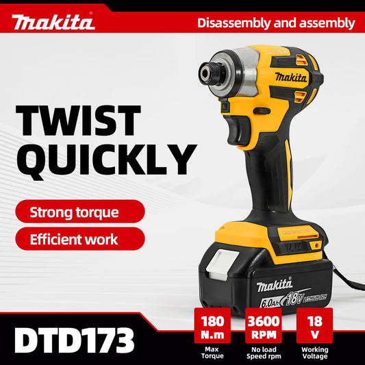 Makita DTD173 18V Yellow 180Nm Cordless Brushless Impact Driver with LED Light Multi-Function Electric Screwdriver for Household Use