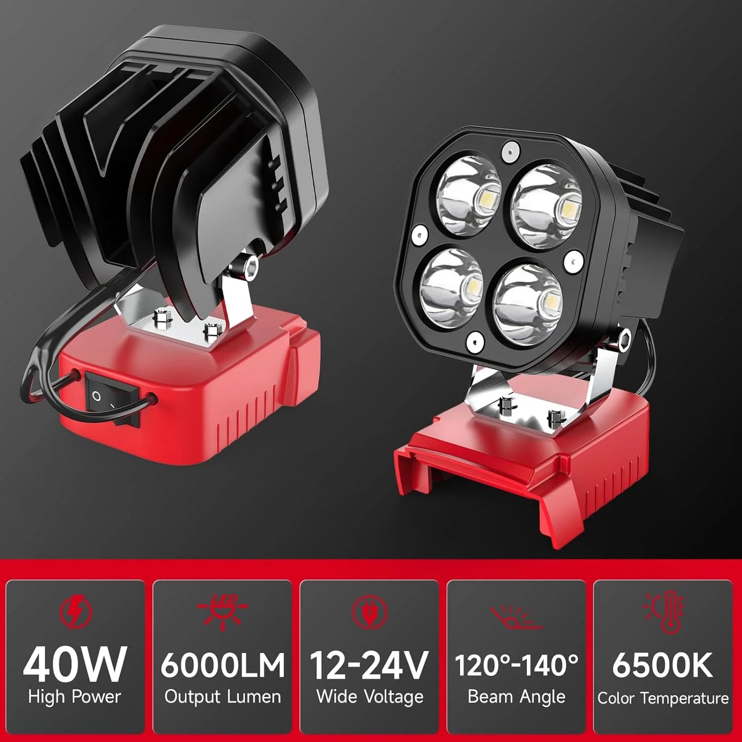 LED Work Light for Milwaukee M18 18V Battery- 40W 6000LM.