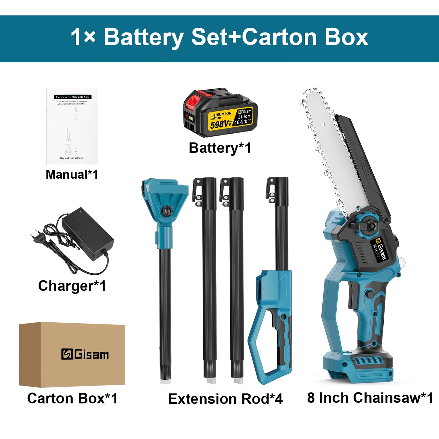 Makita 18V compatible Gisam 8Inch Brushless Telescoping Pole Electric Chainsaw High Branch Saw Garden Pruning Power Tool For Makita 18V Battery Pin