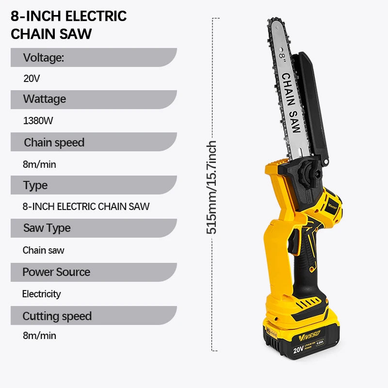 DeWalt Compatible JV 18V 20V Max VIVSSO Electric Chain Saw Rechargeable Woodworking Saw 8 Inch Mini Chain Saw Garden Pruning Saw Tool For Dewalt 20v Battery Pins