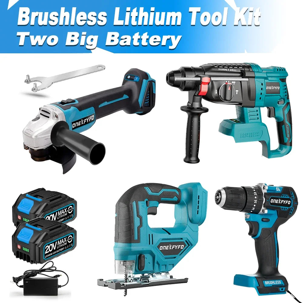 Makita Compatible 4 Pc Tool Sets Brushless Cordless Angle Grinder +Electric Hammer Drill +Jigsaw + 172 Electric Drill for Makita 18V Battery