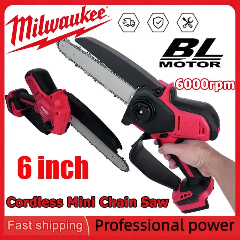 Milwaukee 18V TBW 6-inch mini–Chain Saw Mini Cordless Electric Saw Handheld Garden Logging Chainsaw Wood Cutting Power Tool For 18V Battery