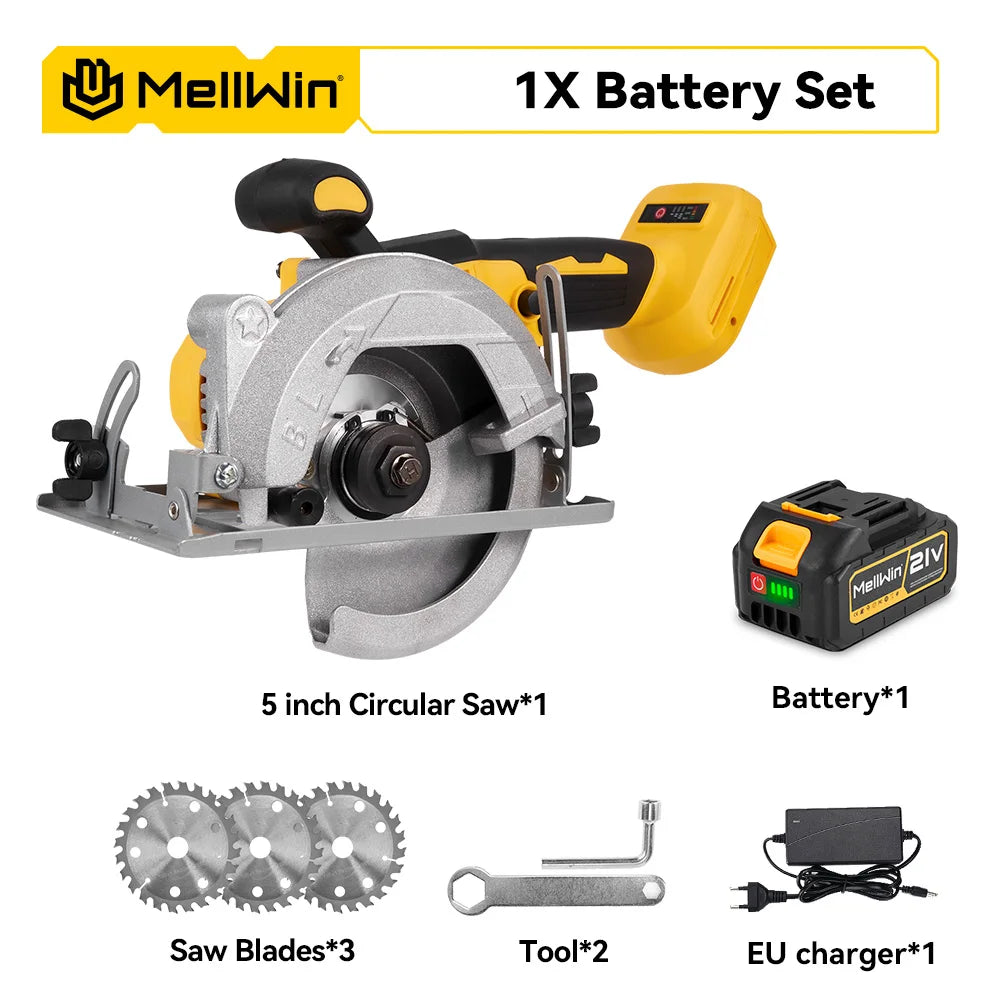 Makita Compatible 18V MELLWIN 5 Inch Electric Brushless Circular Saw 125MM Cordless Multi-Angle Saw Woodworking Power Tool For Makita 18V Battery Pin