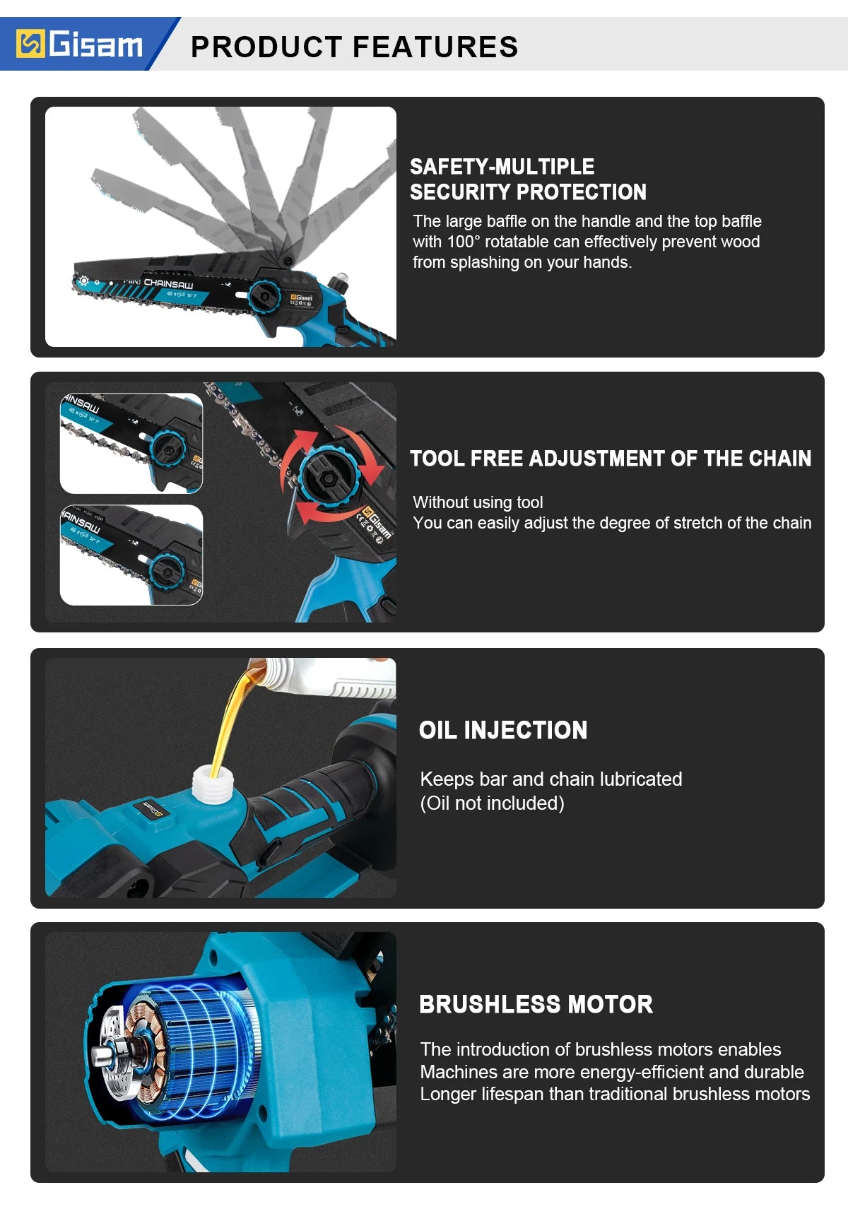 Makita Compatible 18V Gisam 8 Inch Brushless Electric Chainsaw Cordless Electric Saw Woodworking Garden Pruning Saw Tool For Makita 18V Battery Pins
