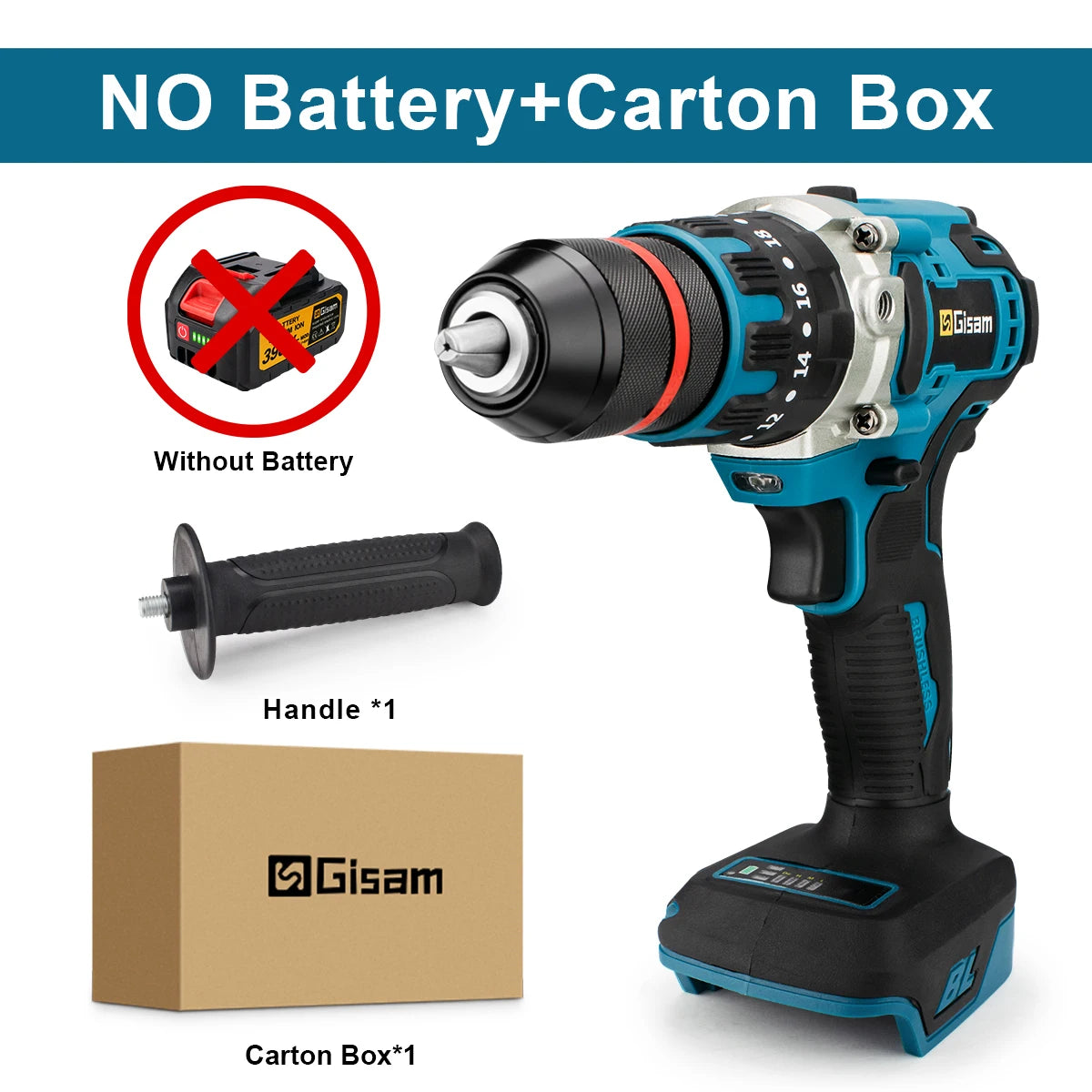 Makita Compatible 18V Gisam 13mm 480N.M Brushless Electric Impact Drill Cordless Drill Electric Screwdriver DIY Driver Power Tool for Makita 18V Battery Pin