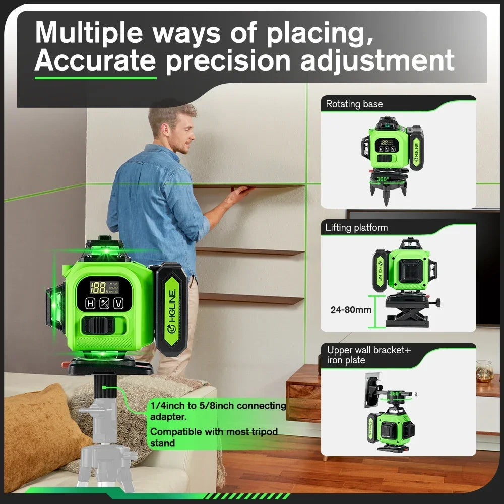 HGLINE JV 4D 16 Lines Professional Laser Level 4x360° Cross Horizontal Vertical Levels Machine APP Remote Control Laser Level Tool