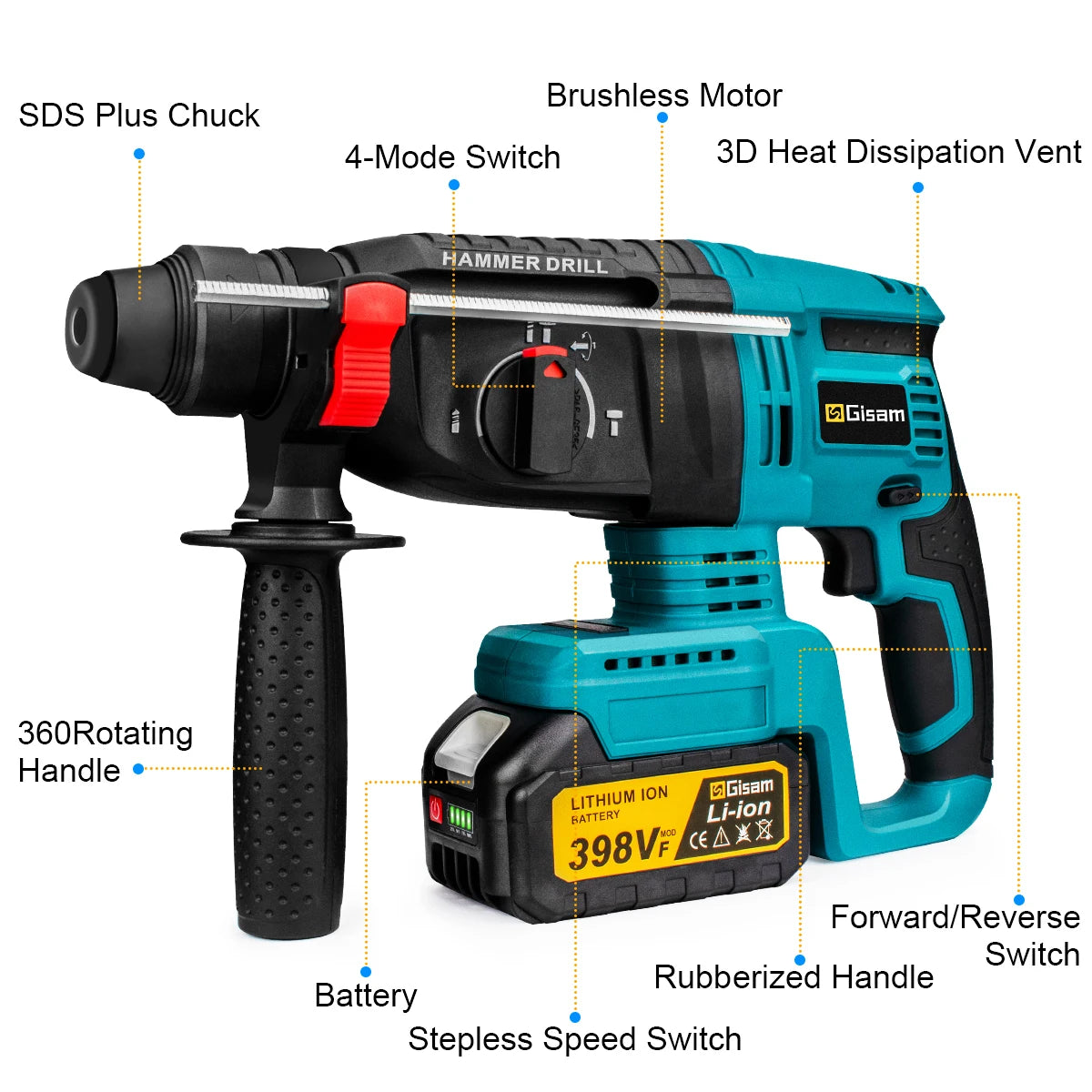 Makita Compatible 18V Gisam 26MM Brushless Electric Hammer Drill Multifunctional Cordless Rotary Hammer Impact Drill Tool For Makita 18V Battery Pin