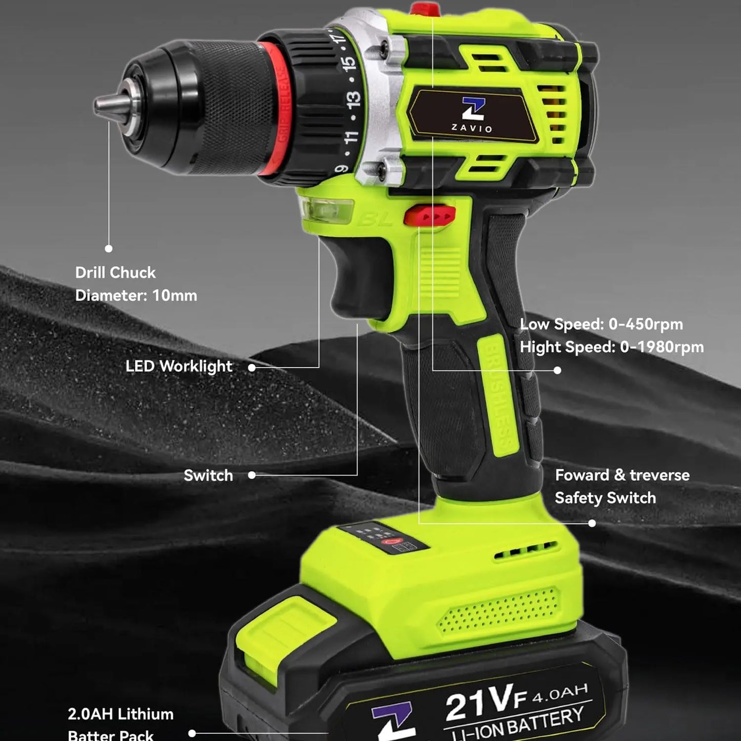 21V Cordless Brushless Power Drill with battery and charger kit in case – 75N.M Torque, 4.0Ah Battery, 2-Speed Variable, Work Light, Metal Chuck for Home DIY & Pro Use