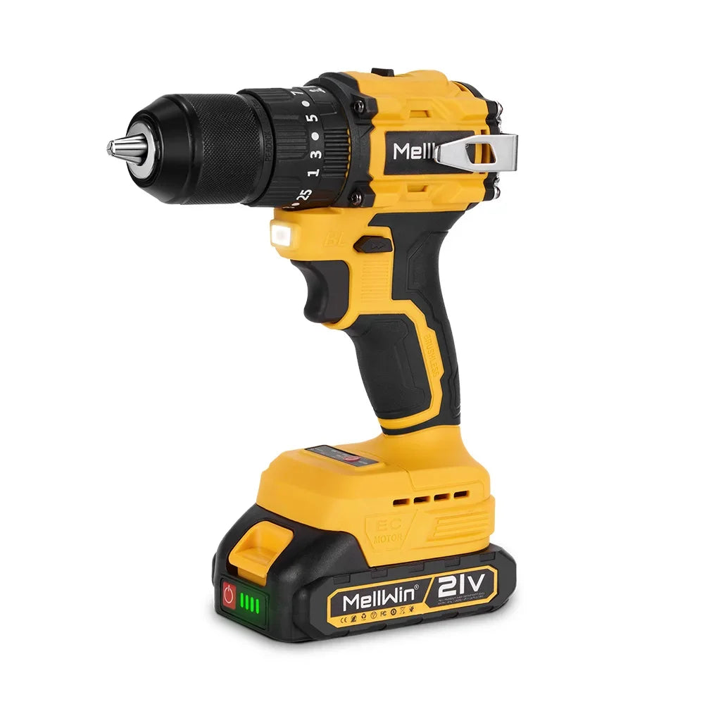 Makita Compatible 18V MELLWIN 13MM 25+3 Brushless Electric Hammer Drill Handheld Cordless Flat Drill Screwdriver Power Tools For Makita 18VBattery Pin