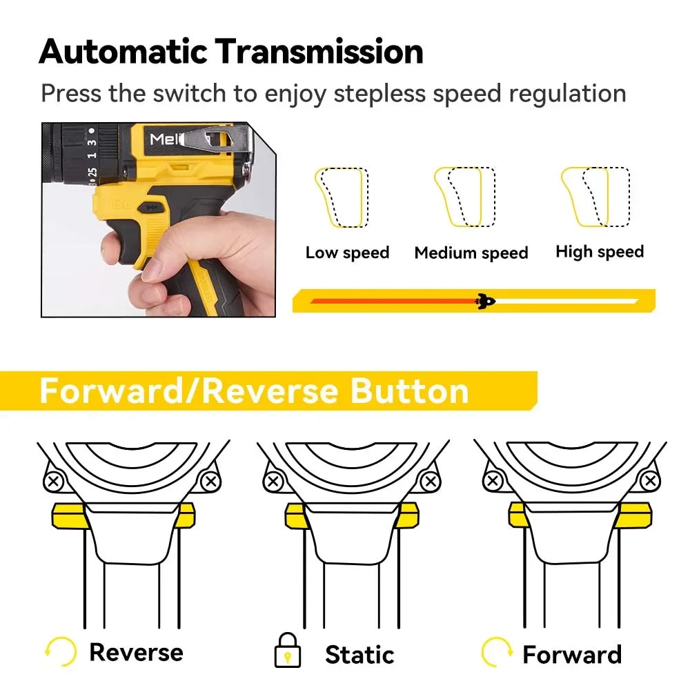 Makita Compatible 18V MELLWIN 13MM 25+3 Brushless Electric Hammer Drill Handheld Cordless Flat Drill Screwdriver Power Tools For Makita 18VBattery Pin