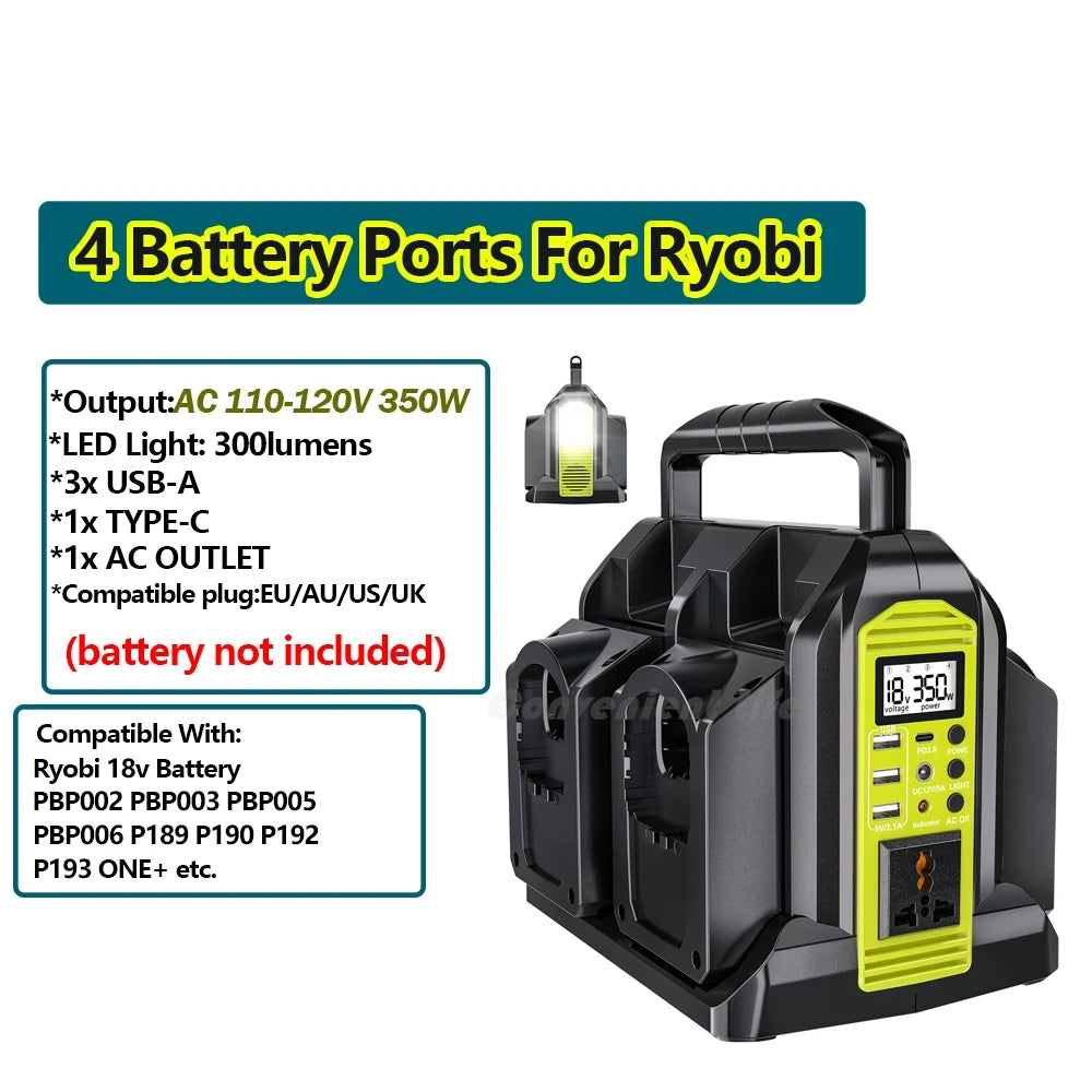 Ryobi Compatible 18V JV 350W Power Inverter for Ryobi 18V Battery 2/4-Ports DC 18V to AC 110-240V Pure Sine Wave Battery Inverter with USB-A/C LED Light