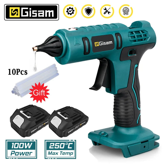 Makita compatible 18V Gisam Electric Hot Glue Gun with 2x batteries Cordless Heat Gun Battery Hot Silicone Gun DIY Hand Tool  for Makita 18V Battery with 10 Hot Melt Adhesive