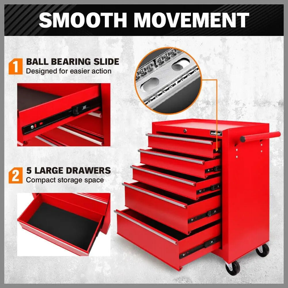 Tool Chest 5-Drawer Tool Cart, Lockable Storage Trolley Workshop Rolling Cabinet Tool Box Chest Organiser, 3" Swivel Wheels with Brake (Red