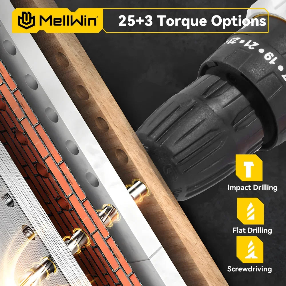 MELLWIN 25+3 Torque Electric Drill 12V Cordless Drill Electric Screwdriver 2 Gear Speed Adjustable Mini Electric Driver Tool Set